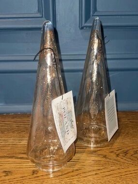 Set of 2 Zorza Poland Clear Champagne Gold Swirl Glass Christmas Trees 8.5–9” N